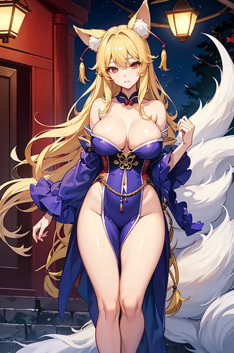 Ran Yakumo, Kitsune, Touhou Project, blond hair, nine fox tails, extremely detailed CG, busty woman, large hips, thin waist, lewd expression, nsfw, slutty outfit, ahegao, gettign fucked