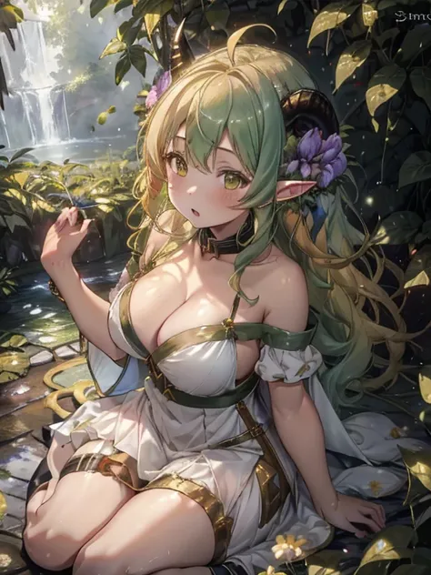 Colorful flowers々Forest in full bloom,Dense vegetation,Big forest,Fluffy pale golden hair,Eyes pale yellow-green,Elf Ears,Unicorn horn,Collar and chain,Bondage and chains,slave,Luxurious and voluminous white dress, Pushed to the ground,The hem of the dress...