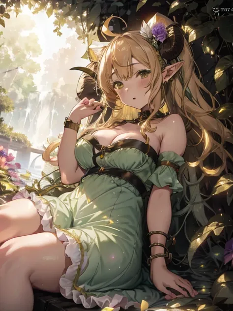 Colorful flowers々Forest in full bloom,Dense vegetation,Big forest,Fluffy pale golden hair,Eyes pale yellow-green,Elf Ears,Unicorn horn,Collar and chain,Bondage and chains,slave,Luxurious and voluminous white dress, Pushed to the ground,The hem of the dress...