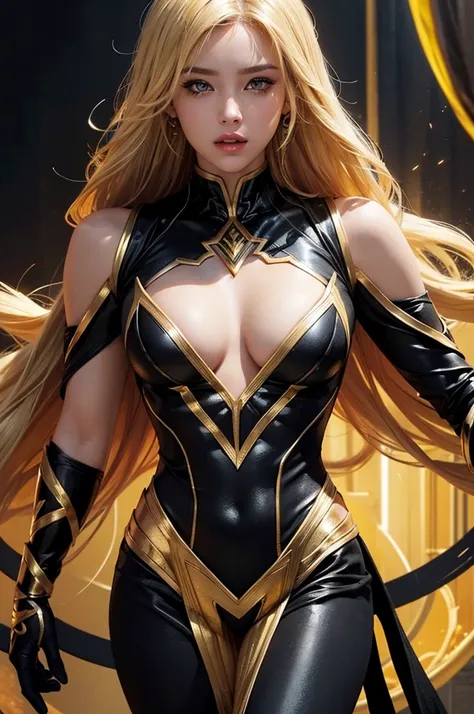 a blonde woman in a black and gold superhero costume, detailed face, detailed eyes and lips, detailed muscular body, dynamic pose, black and gold color scheme, high quality, cinematic lighting, comic book style
