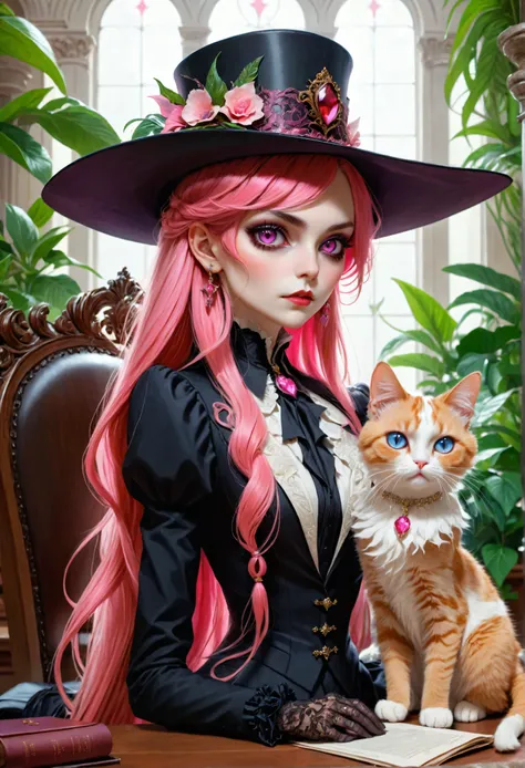 (Stunning extravagant) vampire lawyer (sitting in court), (holding calico cat), (strict lawyer attire with rich embellishments:1.1), (whimsical hat), extremely long hair, sparkling pink eyes, (exotic rich court interior:1.2), plants, bright colors, masterp...