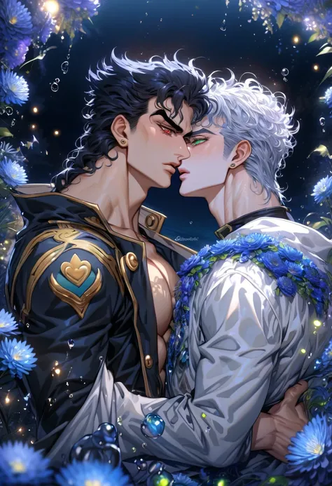 absurdres, highres, ultra detailed, HDR, master piece, best quality, extremely detailed, Jotaro Kujo, black hair, expressive green eyes, Jojo Bizarre Adventure, Kaerius, white hair, expressive red eyes, two sexy men together, yaoi, gay couple, handsome, se...