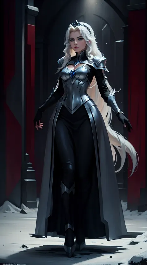 ((full body photo, standing)) 1 gorgeous european blonde woman, age 23, she is the powerful queen of the frozen world, she stand...