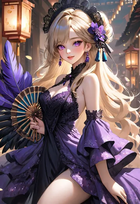 A beautiful girl with long blonde hair and purple eyes, turning around, gorgeous hair accessories on her head, slanted eyes, holding a gorgeous feather fan in her hand and smiling seductively, a perfect, luxurious, flared black dress with lots of lace, ear...