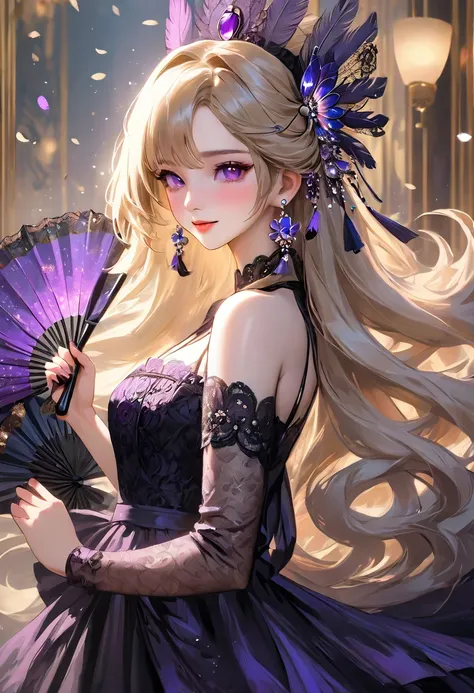 A beautiful girl with long blonde hair and purple eyes, turning around, gorgeous hair accessories on her head, slanted eyes, holding a gorgeous feather fan in her hand and smiling seductively, a perfect, luxurious, flared black dress with lots of lace, ear...