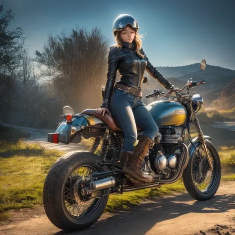 a beautiful young female rider in a vintage leather jumper and Cromwell helmet with goggles standing on the back of her retro Triumph motorcycle in the English countryside landscape after the rain, detailed photorealistic, ultra-detailed, 8k, (best quality...