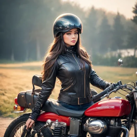 a beautiful young female rider in a vintage leather jumper and Cromwell helmet with goggles standing on the back of her retro Triumph motorcycle in the English countryside landscape after the rain, detailed photorealistic, ultra-detailed, 8k, (best quality...