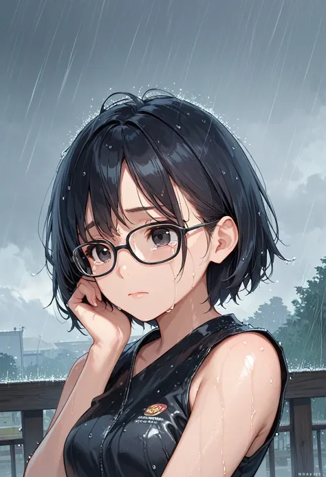 score_9, score_8_up, score_7_up,source_anime, high res image,masterpiece,best quality,girl,cute face,clear skin,black hair,short hair,black eyes,crying,rainy,looking at the sky,glasses,sad