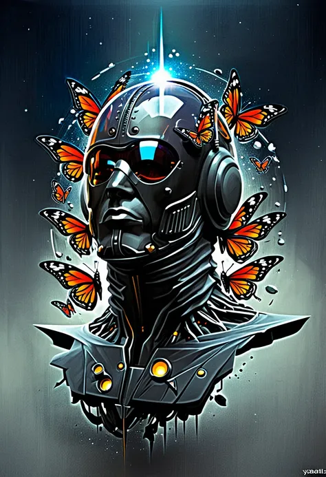 imagine the print for a street wear style t-shirt face of a futuristic humanoid with a futuristic steel helmet, the background o...