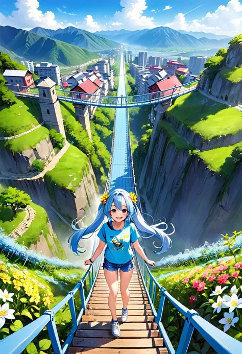 Light blue long hair、Twin-tailed Chibi Character、Bright smile、T-shirt and denim shorts、Crossing a suspension bridge over a valley、From the top of the suspension bridge、Looking fearfully into the valley、Flowers around the valley々Surrounded by