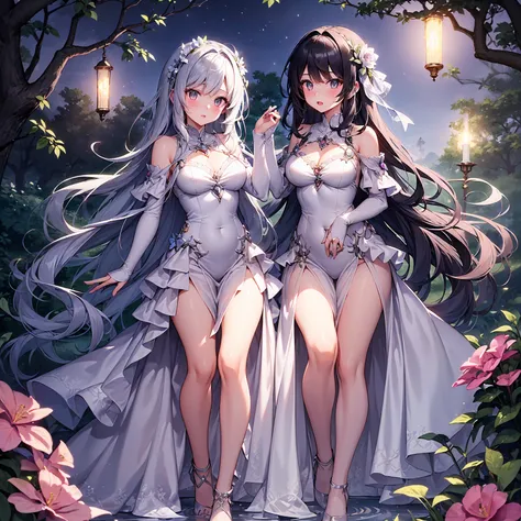 (((masterpiece, best quality, 16k)))A charming artwork of a mystical and shimmering female character in a magical, moonlit landscape. The full-body view reveals her dressed in glistening purple and silver clothes that catch the light beautifully. Despite h...