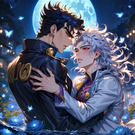 absurdres, highres, ultra detailed, HDR, master piece, best quality, extremely detailed, Jotaro Kujo, black hair, messy hair, expressive green eyes, Jojo Bizarre Adventure, Kaerius, white hair, expressive red eyes, two sexy men together, yaoi, gay couple, ...