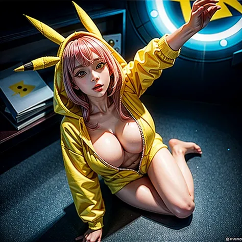 PUNIPUNI, a beautiful Pink hair gamer girl, beautiful detailed Blue eyes with (Sparkling Highlights:1.28), beautiful detailed lips,extremely detailed eyes and face,longeyelashes,in a (((Yellow Pikachu hoodie))) (Moe Sleeves), (Professional photo from above...