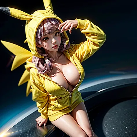 PUNIPUNI, a beautiful Pink hair gamer girl, beautiful detailed Blue eyes with (Sparkling Highlights:1.28), beautiful detailed lips,extremely detailed eyes and face,longeyelashes,in a (((Yellow Pikachu hoodie))) (Moe Sleeves), (Professional photo from above...