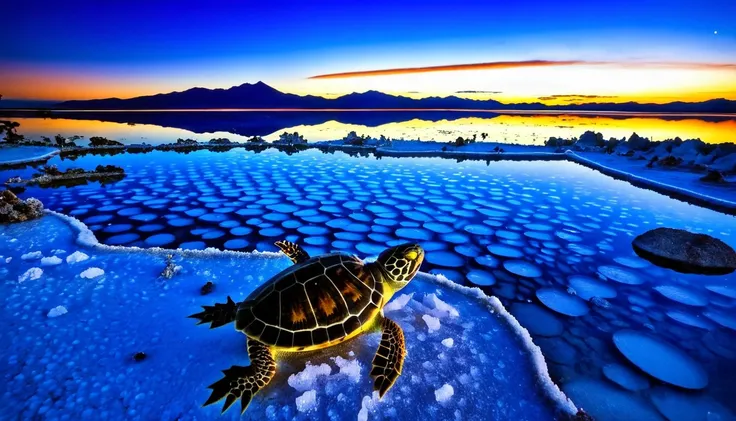 a magical night view of the uyuni salt flats in a secret location, beautiful light blue lake,baby turtle playing with baby gecko