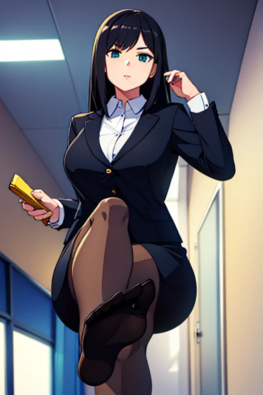 office worker woman , black fur, lasts, showing her feet