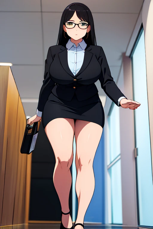 office worker woman , black fur, lasts, showing her feet