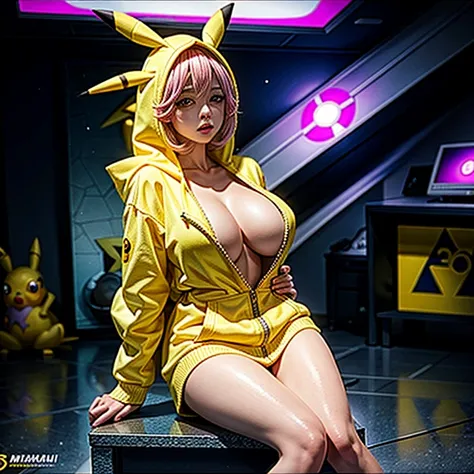 PUNIPUNI, a beautiful Pink hair gamer girl, beautiful detailed Blue eyes with (Sparkling Highlights:1.28), beautiful detailed lips,extremely detailed eyes and face,longeyelashes,in a (((Yellow Pikachu hoodie))) (Moe Sleeves), (Professional photo:1.37), Hug...