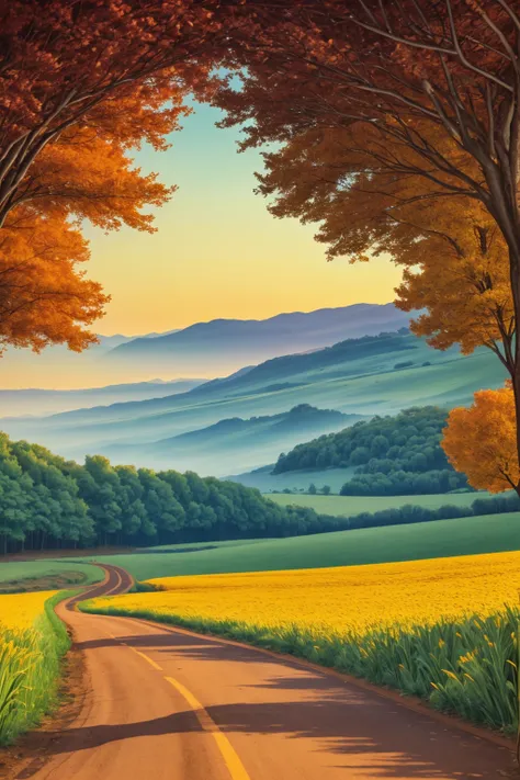 a countryside landscape, oil painting style street art:1.5, dirt road, bushes along the side of the road, tree, flowers, horizon...