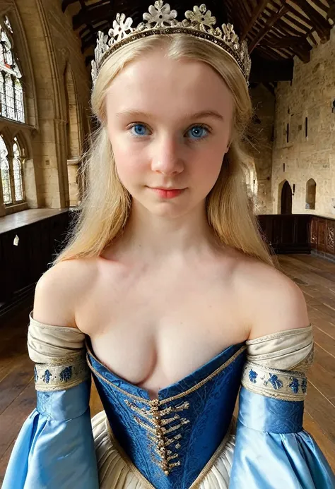 phone photo, natural appearance of a 15 year old, dressing ((strapless medieval dress)), (((arms behind the head))), arms up, un...