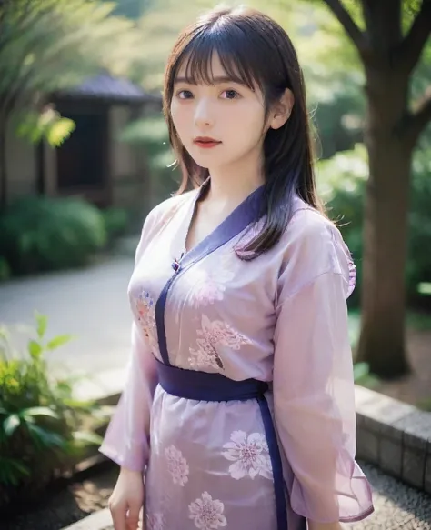 a woman wearing a transparent yukata、japanese garden、in the garden、veranda