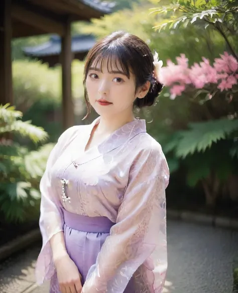 a woman wearing a transparent yukata、japanese garden、in the garden、veranda