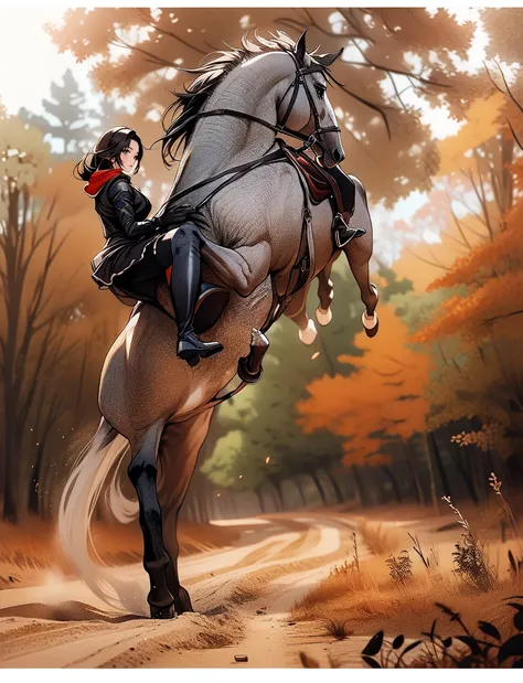 ((best quality)), ((anime masterpiece)), (high detailed), 8k, cinematic lighting, realistic, HDR, vivid color, anime, 20 years old woman riding a WHITE HORSE, {black hair}, red eyes, medium breast, cleavage, (white armor, black glove, black miniskirt, bare...