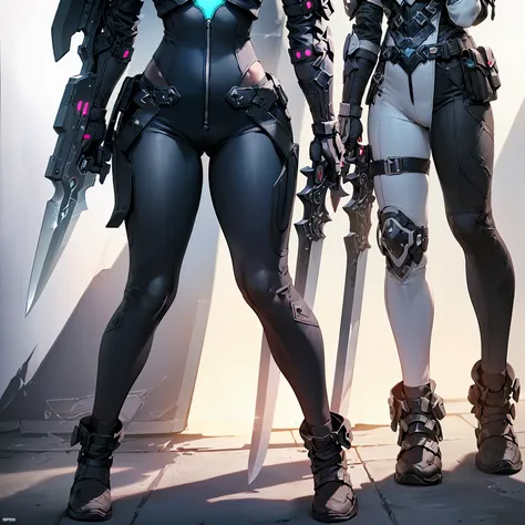 Design a layout showcase Gaming character, (1girl). Black+Silver clothes, sleek and modern, ((showcase weapon:1.4)), laser gun, (masterpiece:1.2), (best quality), 4k, ultra-detailed, (Step by step design, layout art:1.5), (neon lighting, cyber ambiance), c...