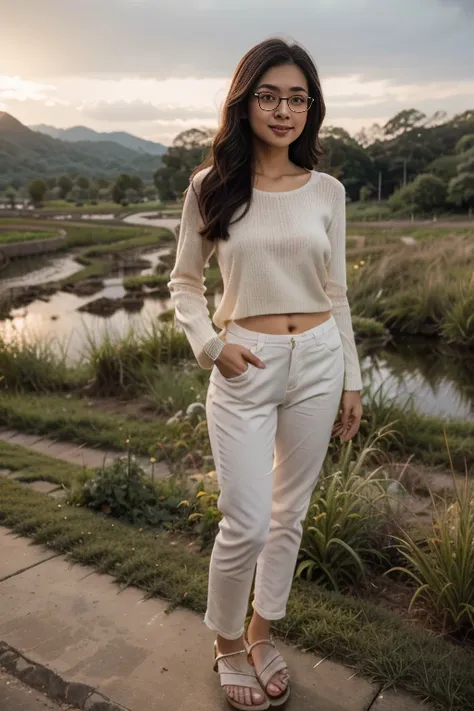 young sweet beautiful bogor city girl standing cheerful on wide rice  field near bogor, descent mixed from sundanese and javanes...