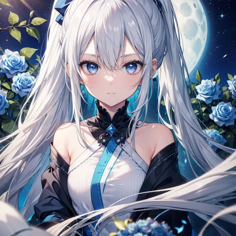 ((((Gray Hair、ponytail、Long Hair　1 person　Blue eyes、Shine　Pure white skin　Smooth skin))))　(((Adult women、slender　Kind Face　With blue roses　Blue and white)))　((Big Moon、night　milky way))　(Shine背景　白くShine縁)