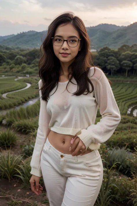 young sweet beautiful bogor city girl standing cheerful on wide rice  field near bogor, descent mixed from sundanese and javanes...