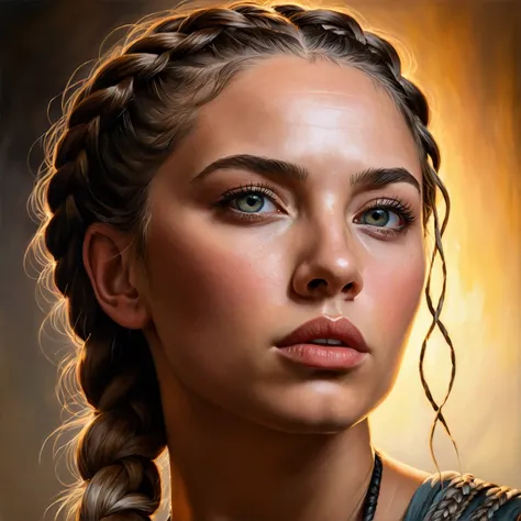 low angle)(woman)(braided hair)(tall and menacing), (oil painting)(detailed face, eyes and lips), (strong lighting), (best quality, high resolution, masterpiece: 1.2 ), (ultra-detailed) (realistic: 1.37), (professional), (vivid colors),