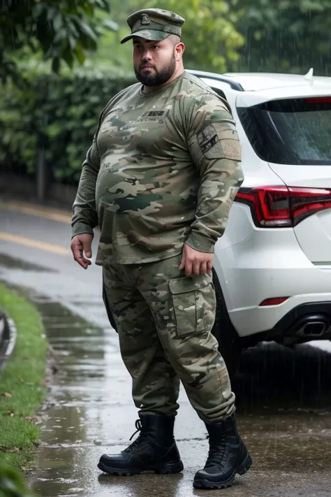 Under heavy rain，There was a man wearing a set of military green camouflage tactical clothes and pants standing guard with his back to me.，He was wearing brown combat boots.！Wear long white socks！This bear-like man has big arms and a thick waist.，Obese，Fat...