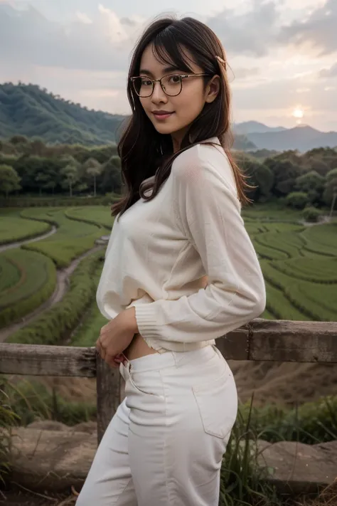 young sweet beautiful bogor city girl standing cheerful on wide rice  field near bogor, descent mixed from sundanese and javanes...