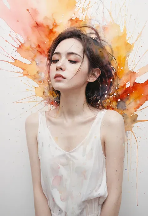 1 Girl, A painting by mse，a woman by agnes cecile, Luminous design, Soft colors, Ink drops, Autumn Lights