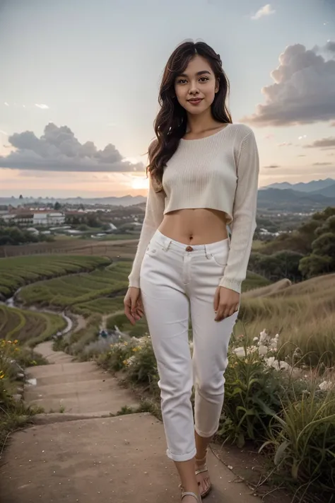 in late of 80's,  young sweet beautiful bogor city girl standing cheerful on wide rice  field near bogor, descent mixed from sun...