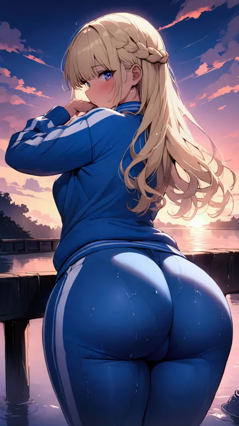 masterpiece, Highest quality, Ultra-high resolution, (beautiful girl: 1.3), Blonde, Asymmetrical hair、Looks like a 15 year old、 (Blue sweatpants:1.3), (The jacket is a blue track jacket.: 1.2), back view、The sunset is dazzling as we enter the waterway.、Wet...