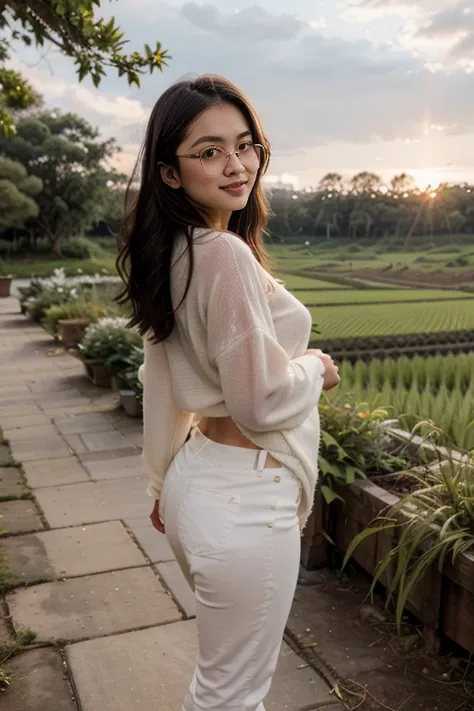 in late of 80's,  young sweet beautiful bogor city girl standing cheerful on wide rice  field near bogor, descent mixed from sun...