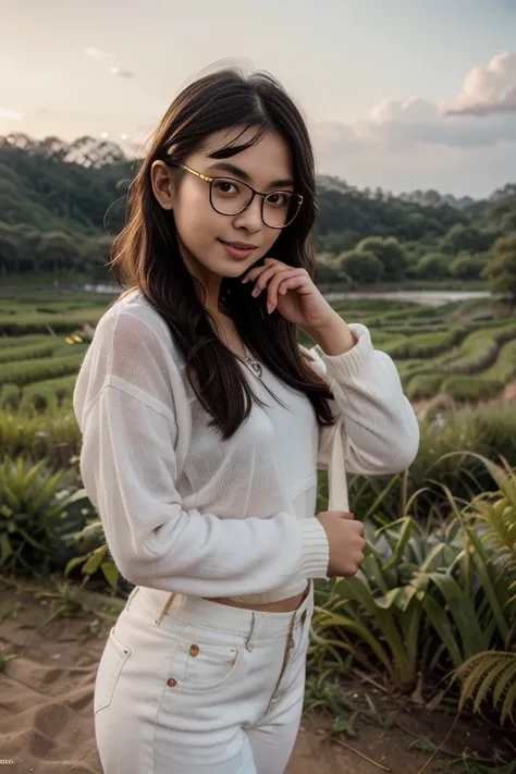 in late of 80's,  young sweet beautiful bogor city girl standing cheerful on wide rice  field near bogor, descent mixed from sun...