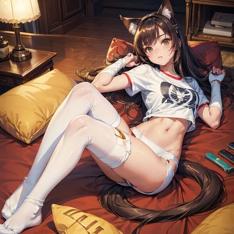 ((picture-perfect)), ((face perfect)), ((ultra detaild)), ((fully body)), ((perfectbody)), a girl with a tail and cat ears lying down, brunette skin, wearing long socks, bridal gauntlets, shot and t-shirt, shorth hair, imagem de fully body