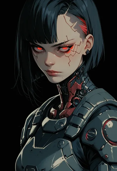 (score_9, score_8_up), score_7_up, zPDXL, Asian, Black tecninja cyberpunk armor with red details, short black hair with red highlights, red eyes, black background, film grain, cowboy shot sinozick style