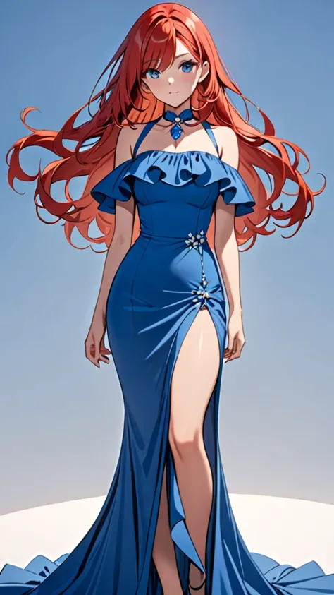 Red hair woman wearing blue dress