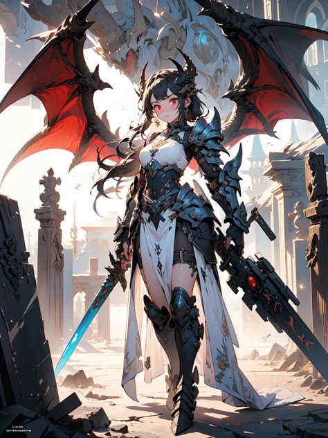 (((masterpiece, best quality, high detailed, 8k))) A breathtakingly beautiful warrior with long, flowing black hair and intense red eyes, wearing a magnificent black dragon armor. The armor is intricately detailed, featuring a dragons head on one shoulder ...