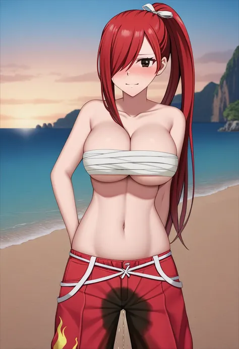 (high quality,Very detailed:1.37, High resolution), Woman, Erza, animerza, red hair, navel, flame pants, collarbone, bare shoulders, cleavage, hair over one eye, large breasts, long hair, bandages, chest sarashi, white ribbon, beach, looking at viewer, bro...