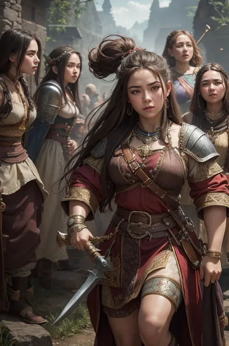 Hyper detailed fantasy realism, a dwarf warrior surrounded by beautiful peasant women in short dresses