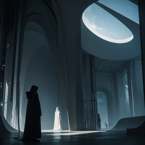 (Best Quality) Hooded people looking at the futuristic architecture of an alien civilization with dark color palette