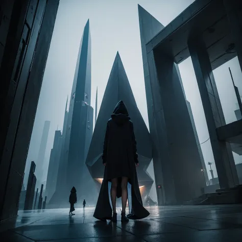 (Best Quality) Hooded people looking at the futuristic architecture of an alien civilization with dark color palette