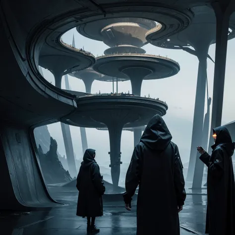 (Best Quality) Hooded people looking at the futuristic architecture of an alien civilization with dark color palette