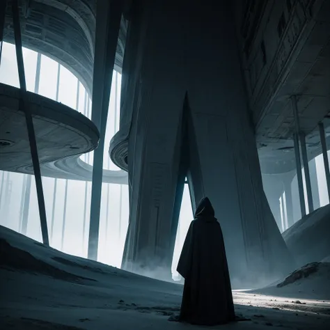 (Best Quality) Hooded people looking at the futuristic architecture of an alien civilization with dark color palette