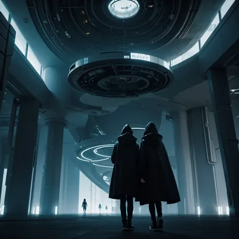 (Best Quality) Hooded people looking at the futuristic architecture of an alien civilization with dark color palette